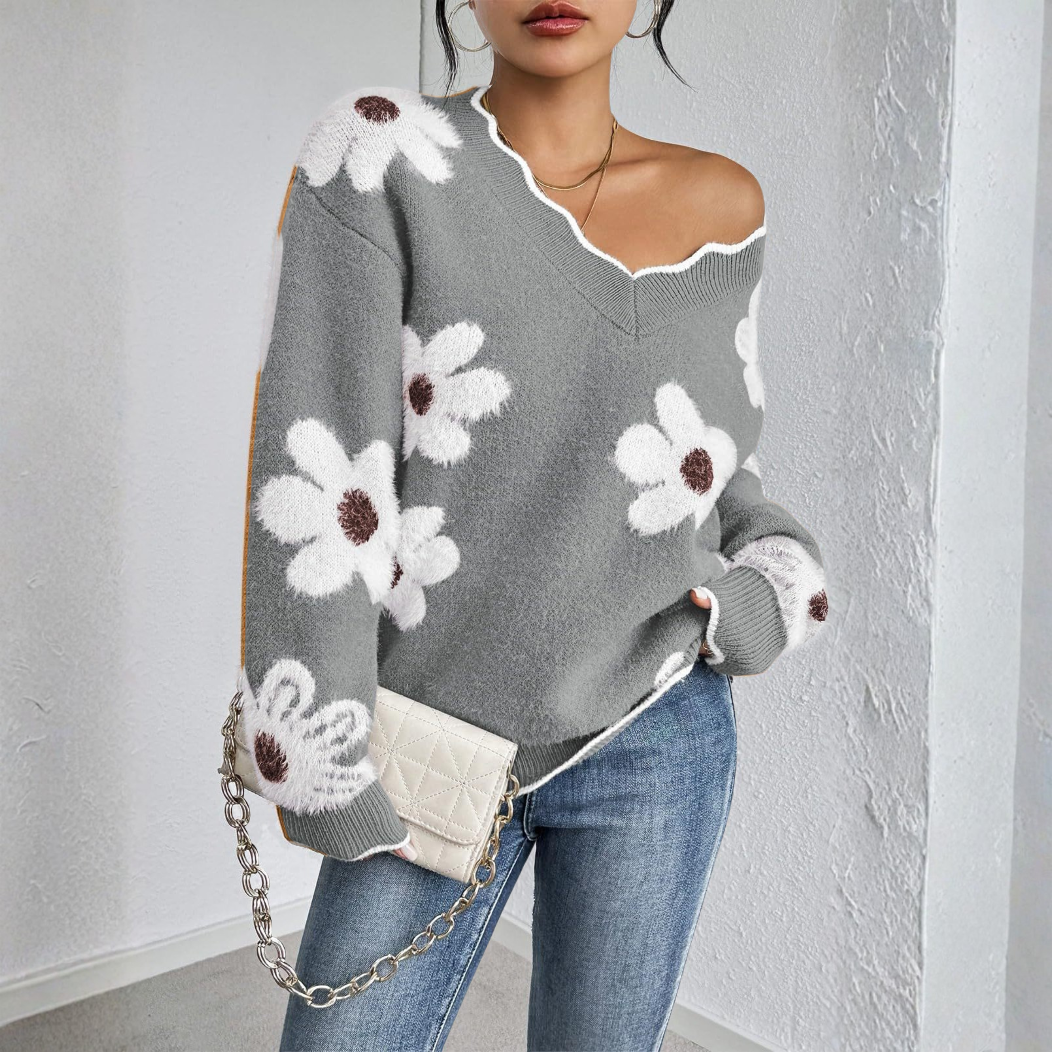 KYUPA™ - Casual Drop Shoulder Long Sleeve V-Neck Sweater