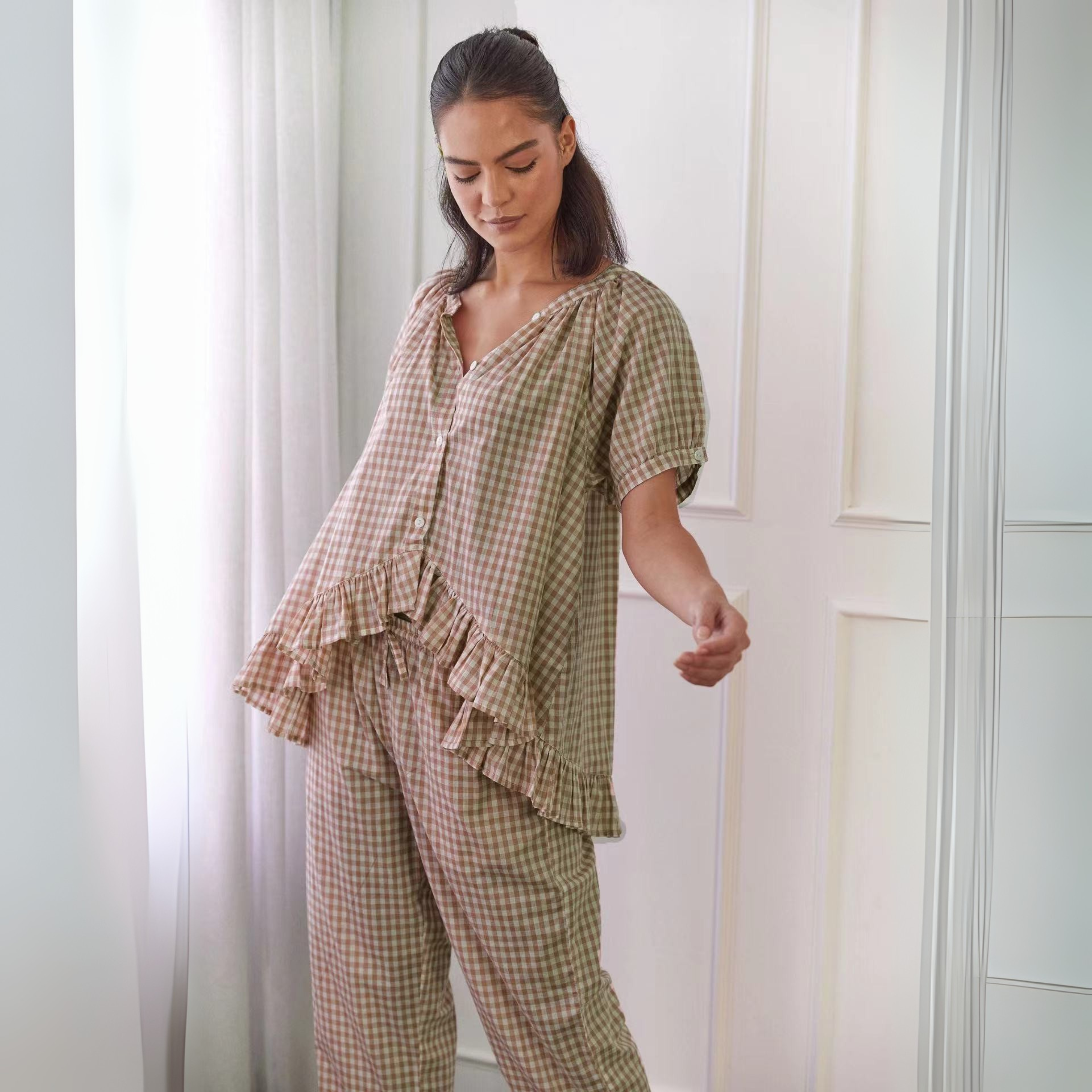 NEVERLAND™ - Casual Plaid Puff Sleeve Top and Pants Set