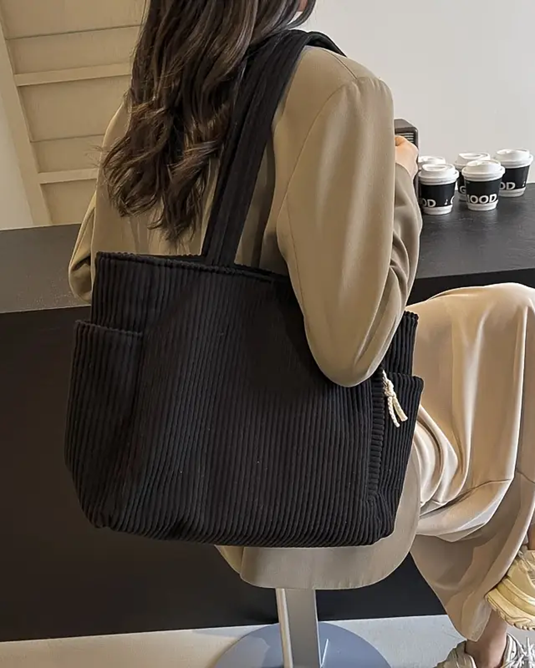 SOCIANI™ – Trending Ribbed Tote Bag with Drawstring Detail