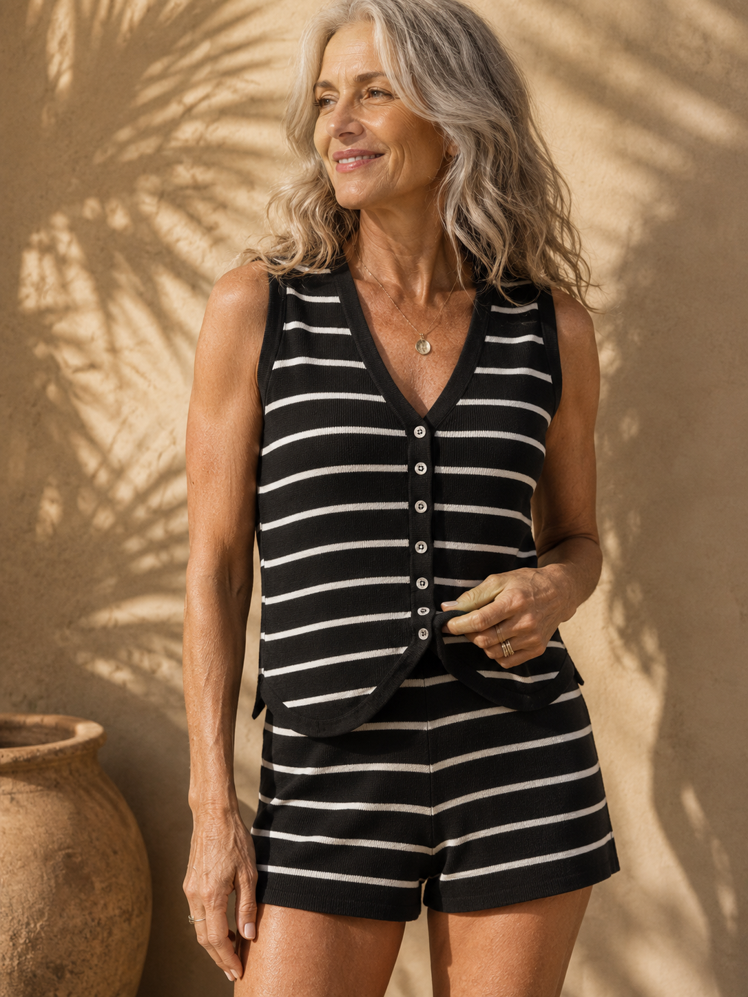 ARTFERI™ – Elegant Striped Sleeveless Lounge Co-Ord